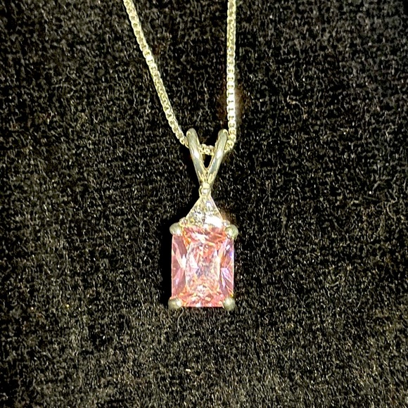 Octagon-cut 2.9ct Pink Emerald-cut solitaire and Clear CZ Pendant & 925 Necklace